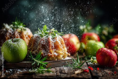 Stylish Bundt Cake with Icing Sugar and Fresh Apples on Rustic Wooden Table