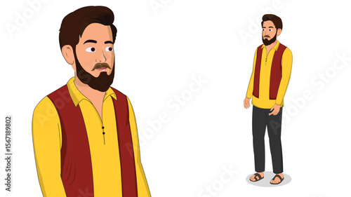 Cartoon Vector Illustration of Indian Village Man in Traditional Attire – Rural Character Standing Pose
