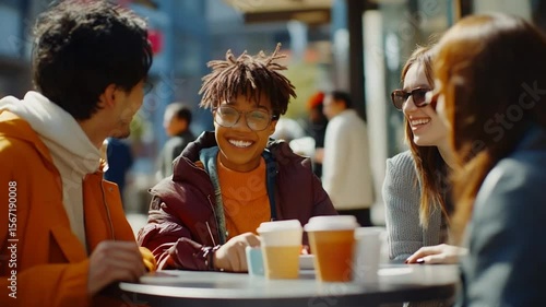 Wallpaper Mural Group of diverse young adults smiling and laughing at a cafe vibrant urban lifestyle moment with casual fashion and joyful expressions Torontodigital.ca