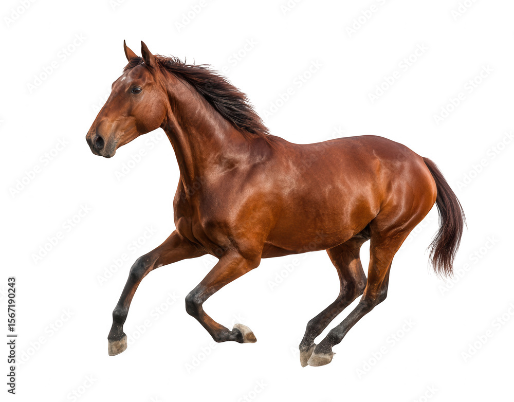 Naklejka premium A beautiful brown horse galloping, its full body isolated against a white background, png, transparent