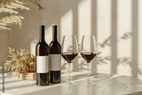 High Detail Visual of Two Bottles of Wine and Two Glasses of Wine Sit on a Table