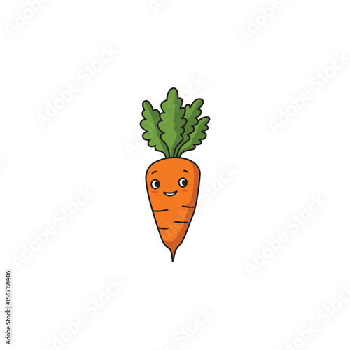 An icon of a cute cartoon carrot with a smiling face and green leafy top, symbolizing freshness and health.