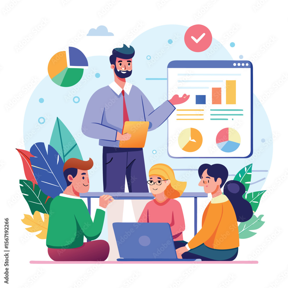 Team presentation and data analysis with laptop and pie charts in flat vector illustration Team presentation and data analysis with laptop and pie charts in flat vector illustration