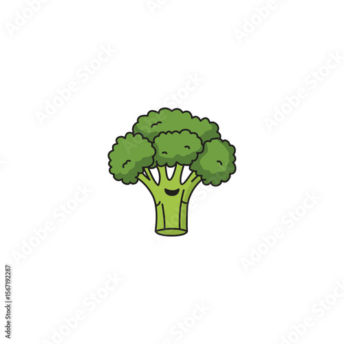 An icon of a cute cartoon broccoli floret with a happy smile, representing health, freshness, and vibrant green.