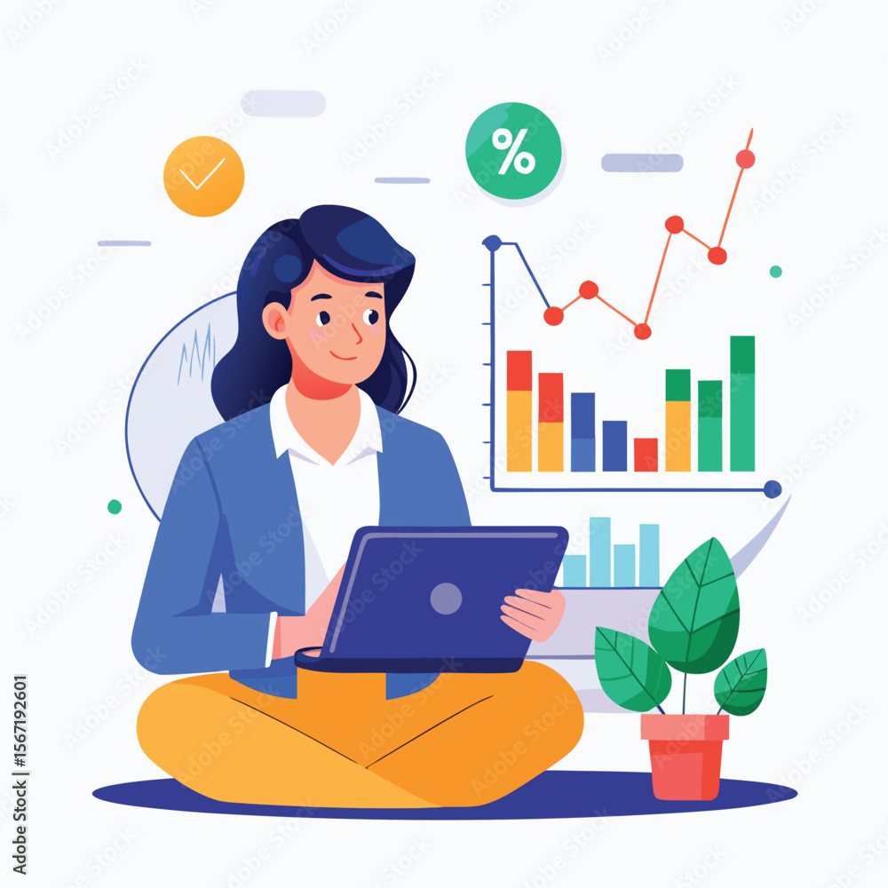Businesswoman analyzing financial data and statistics on laptop with charts and plants Businesswoman analyzing financial data and statistics on laptop with charts and plants