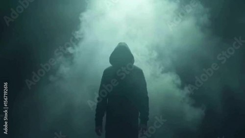 Enigmatic hooded figure emerges from swirling smoke, evoking mystery, suspense and anonymity in a dramatic scene shrouded in darkness.