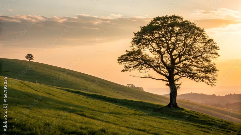 Lone Tree on Rolling Green Hill at Sunset with Warm Golden Light Lone Tree on Rolling Green Hill at Sunset with Warm Golden Light