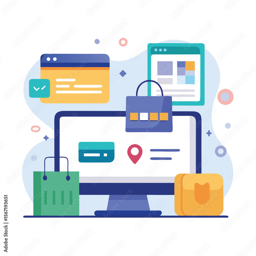 Online shopping and e-commerce concept depicted on computer screen with shopping bags Online shopping and e-commerce concept depicted on computer screen with shopping bags