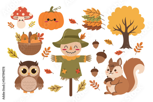 Cute hand drawn autumn set. Suitable for flat design graphic for autumn party, farmers market, harvest festival, thanksgiving day