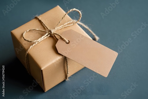 Brown gift box tied with twine and blank tag on teal background