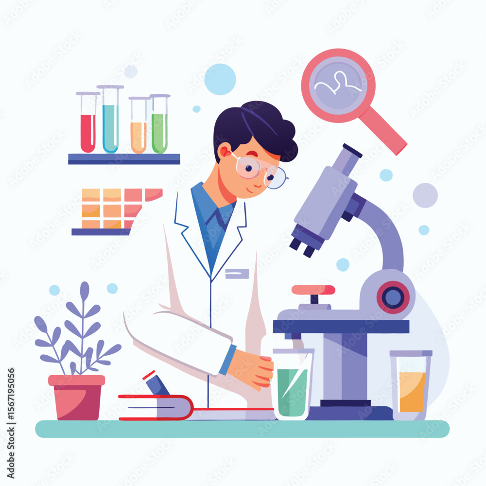 Scientist working with microscope analyzing samples in laboratory flat illustration Scientist working with microscope analyzing samples in laboratory flat illustration