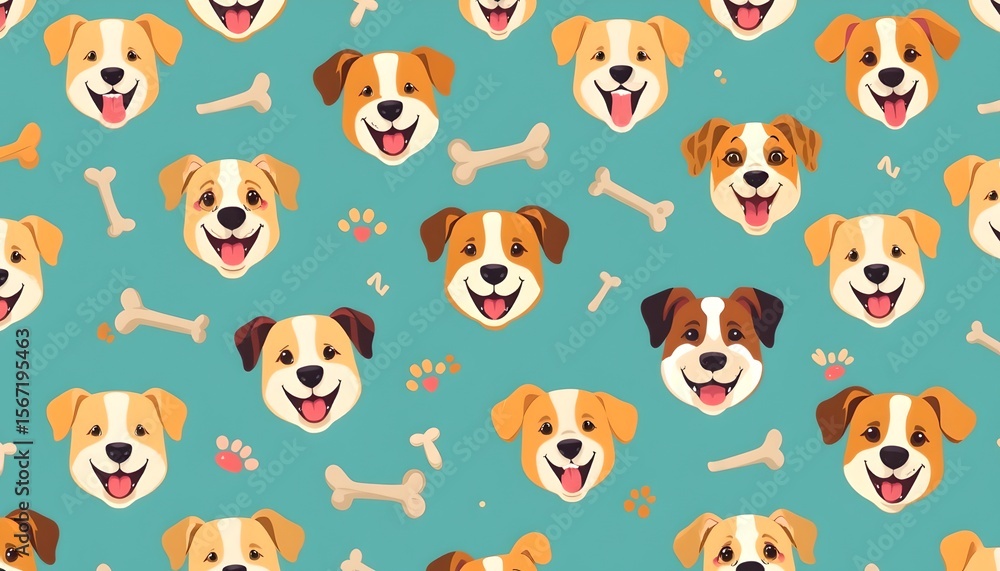an adorable cartoon dogs with bones on a turquoise background, an eye-catching seamless pattern that's perfect for various creative projects.