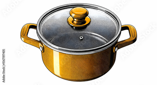 Minimalist Halftone Coppery-Bronze Cooking Pot with Integrated Handles and a Dark Metallic Gray Lid