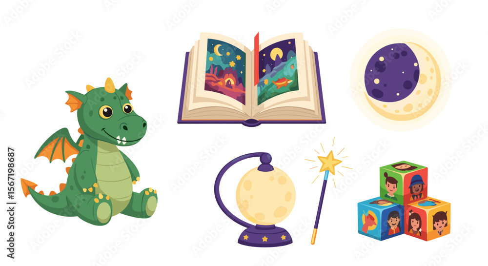 Illustration of a dragon, open storybook, moon lamp, magic wand, moon nightlight, and blocks Illustration of a dragon, open storybook, moon lamp, magic wand, moon nightlight, and blocks