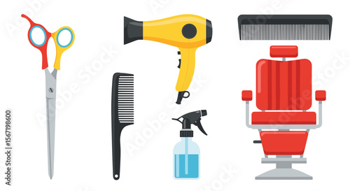 Illustration showcasing barber tools including scissors, hair dryer, combs, spray bottle and chair