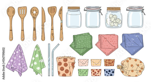 Illustration of kitchen utensils, jars, straws, and reusable wraps for sustainable living