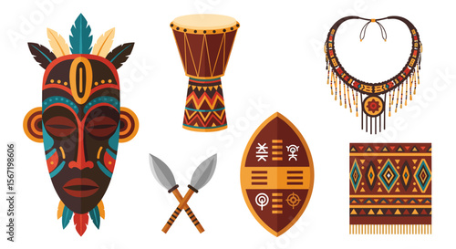 Illustration of african tribal mask, drum, necklace, spears, shield, and patterned cloth art