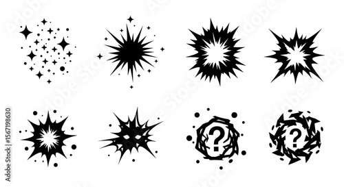 Illustration of eight different explosion designs, including stars and question mark shapes