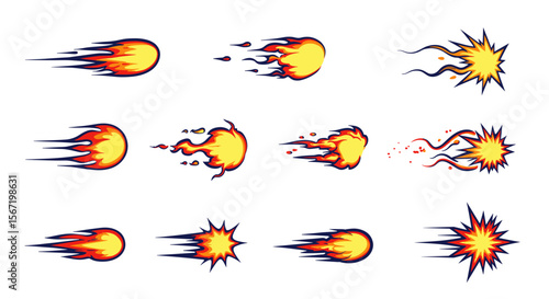Illustration showcasing a series of fiery projectiles in various stages of motion and impact effects