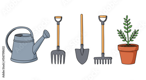 Illustration of a watering can, pitchfork, shovel, rake, and potted plant on a white background