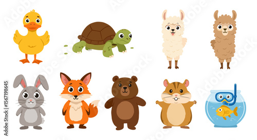 Illustration showcasing a collection of diverse cartoon animals including a duck and a fishbowl