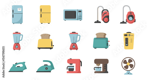 Illustration showcasing a variety of colorful household appliances on a white background scene