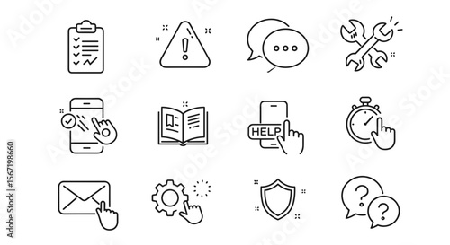 Collection of twelve line art icons depicting various symbols and concepts on white background
