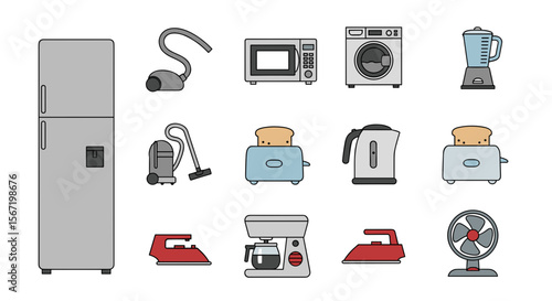Illustration showing an assortment of household appliances including kitchen and cleaning items