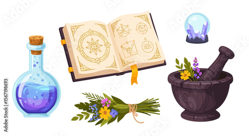 Illustration of a potion bottle, spellbook, crystal ball, mortar and pestle, and flower bouquet
