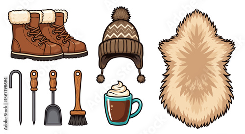 Illustration of winter boots, hat with ear flaps, fur rug, fireplace tools and hot chocolate