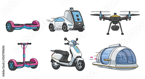 Illustration showcasing various modern transportation methods including hoverboards, scooters, and drones