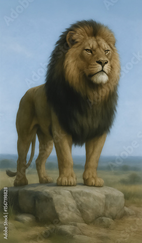 A proud lion stands atop a rock, surveying his domain. A timeless symbol of power, dominance, royal pride, masculine authority, and the noble burden of leadership.


