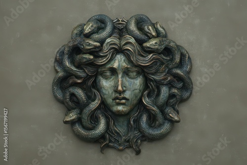 3D Render of a Bronze Medusa Head Wall Plaque with Snake Hair on a Green Background - Mythology, Greek Mythology