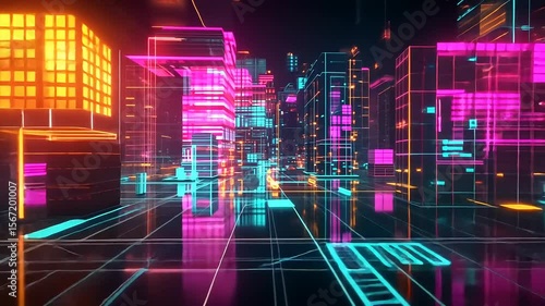Futuristic cityscape with vibrant neon lights and digital architecture in a high-tech environment