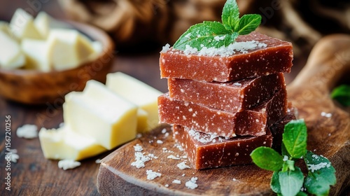 Guava paste and cheese, a traditional brazilian dessert, is stacked on a wooden board