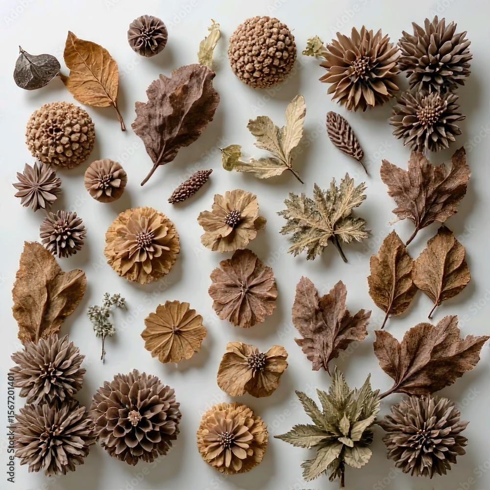 Fototapeta premium Top view of dried flowers and leaves arranged in artistic natural composition on white background