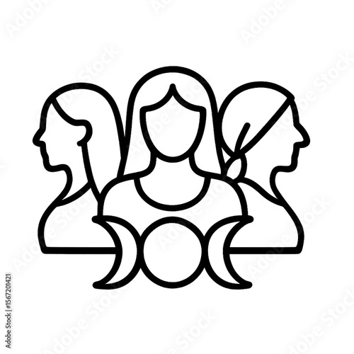 Three female figures representing the Maiden, Mother, and Crone with moon symbols  