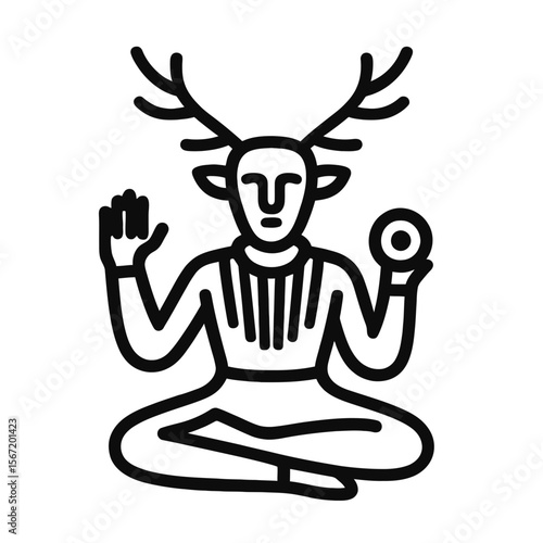 Spiritual figure with antlers holding a circle and greeting in meditation, Concept of wiccan symbols, pagan symbols, celtic symbols  