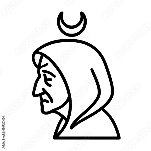 Elderly woman with a crescent moon symbol on hood depicting wiccan symbols, pagan symbols, celtic symbols  