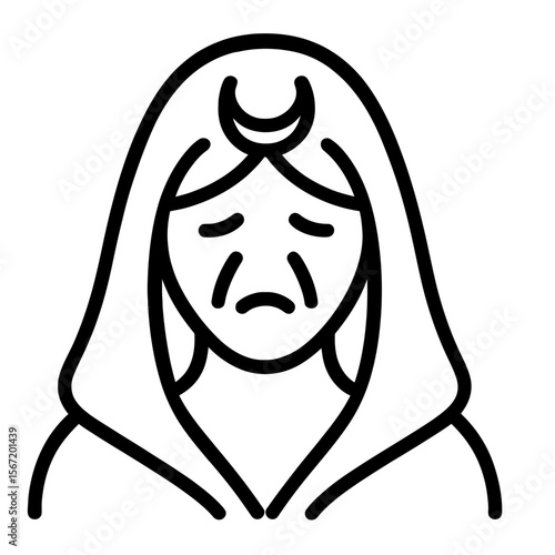 Sad woman with moon symbol on forehead in minimalist line art style - Concept of wiccan symbols, pagan symbols, celtic symbols  