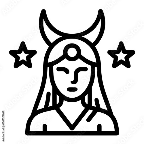 Moon goddess with crescent horns and stars symbolizing wiccan symbols, pagan symbols, celtic symbols  
