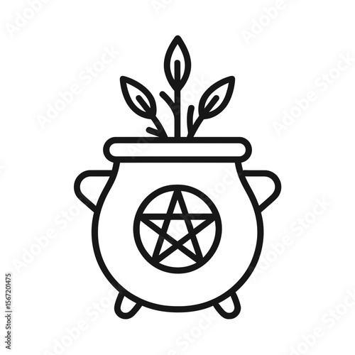 Cauldron with plants and pentacle symbol representing wiccan symbols, pagan symbols, celtic symbols  