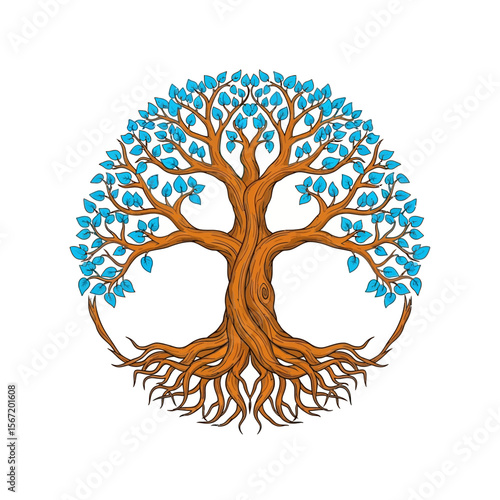 Colorful tree with blue leaves and intricate roots, concept of wiccan symbols, pagan symbols, celtic symbols  