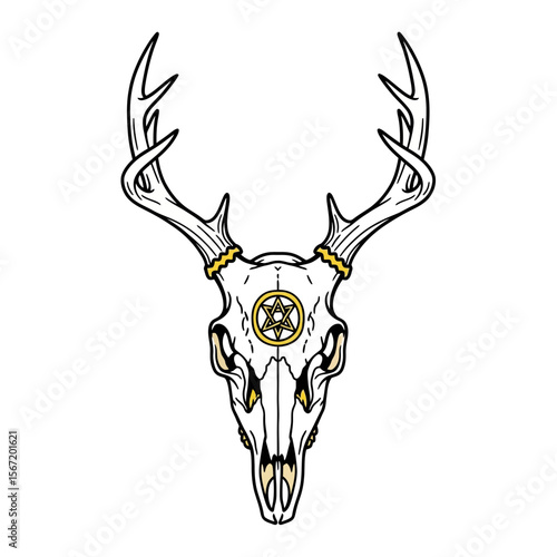 Deer skull with antlers featuring wiccan symbols in line art style  