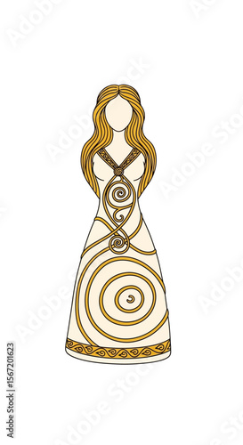 Stylized illustration of a woman with spirals representing the Moon Goddess and wiccan symbols, pagan symbols, celtic symbols  