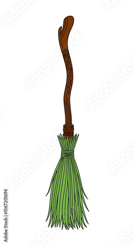 Broomstick with green bristles representing wiccan symbols, pagan symbols, celtic symbols  