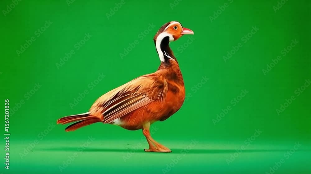 Brown duck with long neck standing on green background looking at the camera directly green screen bird video Brown duck with long neck standing on green background looking at the camera directly green screen bird video