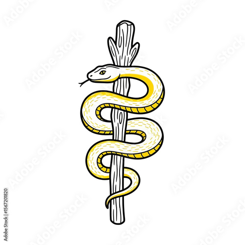 Yellow snake wrapped around a stick in a symbolic representation of wiccan symbols, pagan symbols, celtic symbols  
