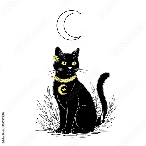 Black cat sitting among foliage with crescent moon above  