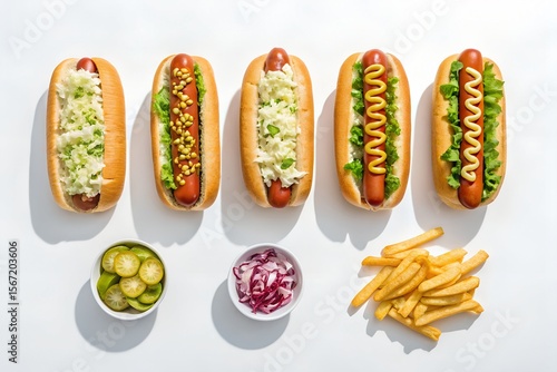 Five Gourmet Hot Dogs with Various Toppings and French Fries